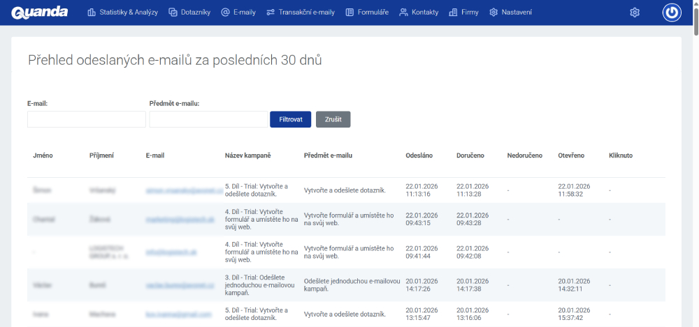 Přehled odeslaných e-mailů v Quandě